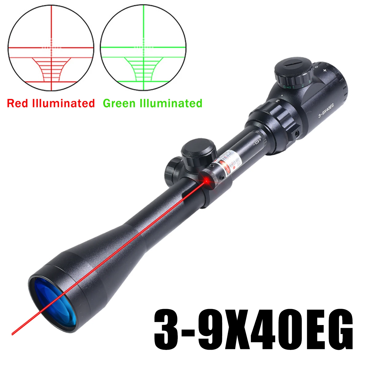 Tactical 3-9x40EG with Laser Sight Green Red Illuminated Rifle Scope Optics Riflescope Airsoft Scope for Hunting 11mm/20mm Rail