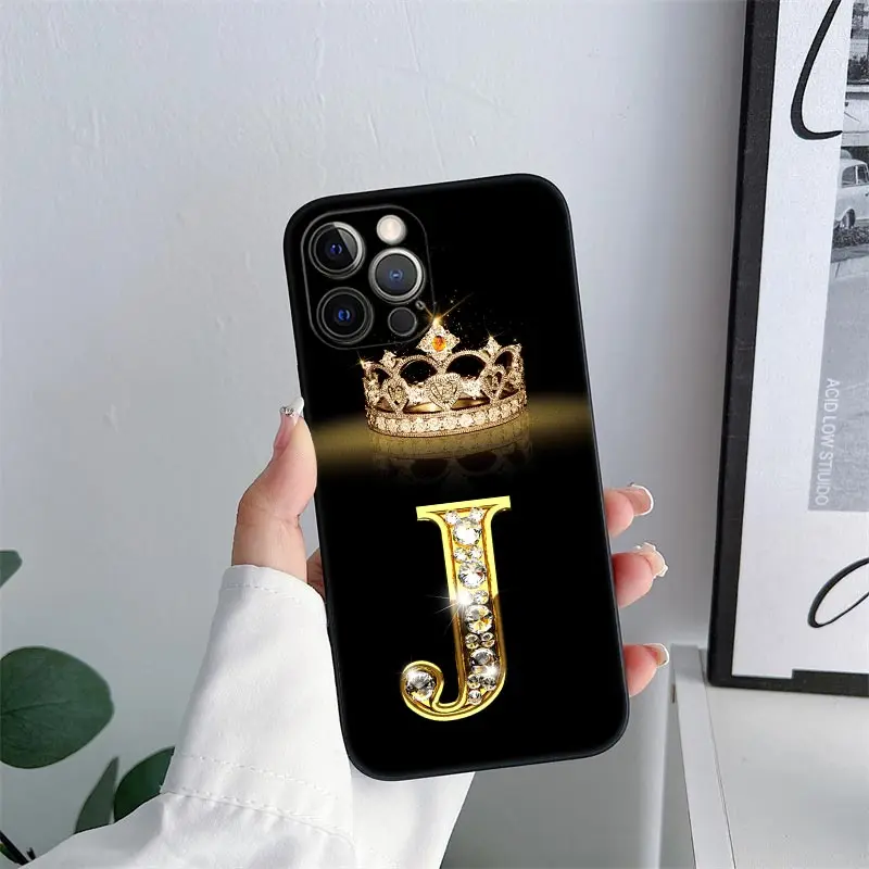 Initial E M J F K L H I Letter Phone Case for iPhone 11 15 16 Pro Max Case Coque 14 Plus 13 Pro 12 11 X XS 16 7 8 TPU Soft Cover