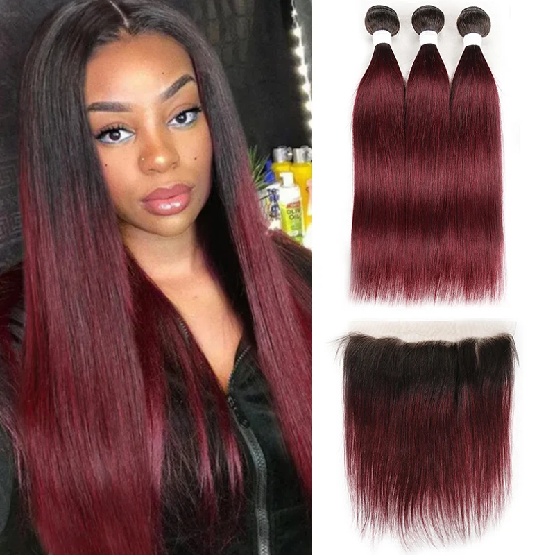 99J/Burgundy Brazilian Straight Human Hair Bundles With Frontal 13x4 SOKU Ombre Red Hair Weave Bundles With Closure Remy Hair