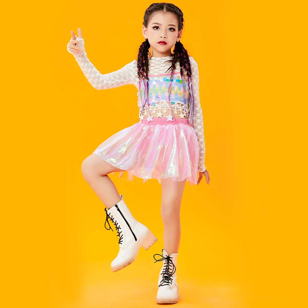 LOLANTA Kids Summer Dance Clothes Sequins Net Top Skirt/Pants Set Girls Hip Hop Modern Jazz Streetwear Stage Performance Costume