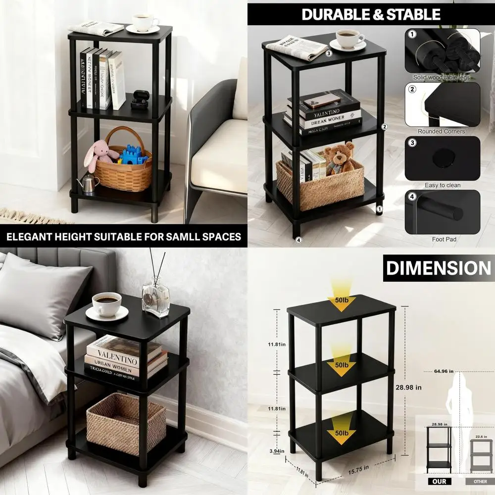 

Compact 3-Tier Side Table with Solid Wood Legs, 28 Storage Nightstand for Small Spaces, Ideal for Living Room, Bedroom, and Bath