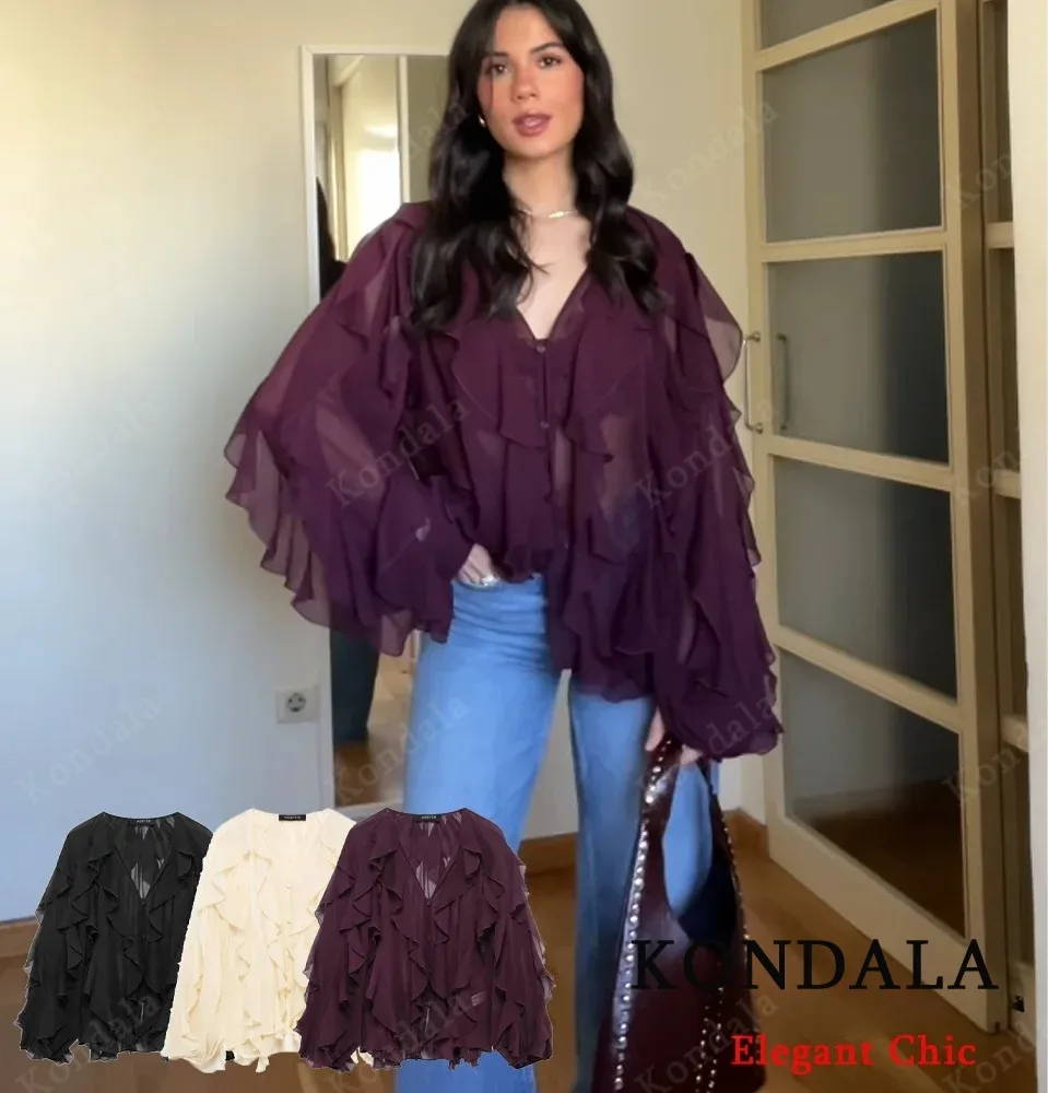 

Women Elegant Ruffle Translucent Shirt Layered Shirt Burgundy Beige New 2025 Spring Summer High Street Casual Shirt