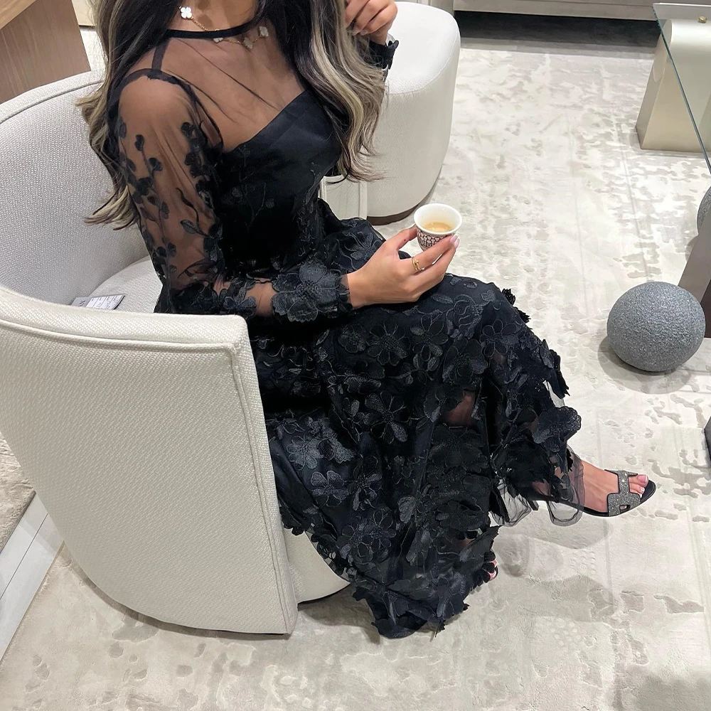 Lace Long Sleeves O-neck Floor Length A-Line Evening Dress Appliques Temperament Photo Color Bespoke Occasion Gowns Fashion