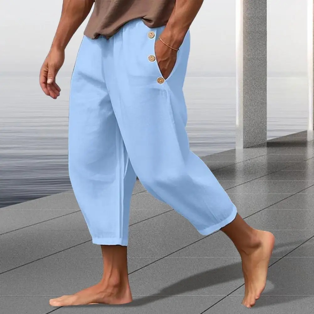 

Men Pants Men Casual Resort Wear Quick-drying Men's Cropped Sweatpants with Side Pockets Drawstring Elastic Waist for Gym