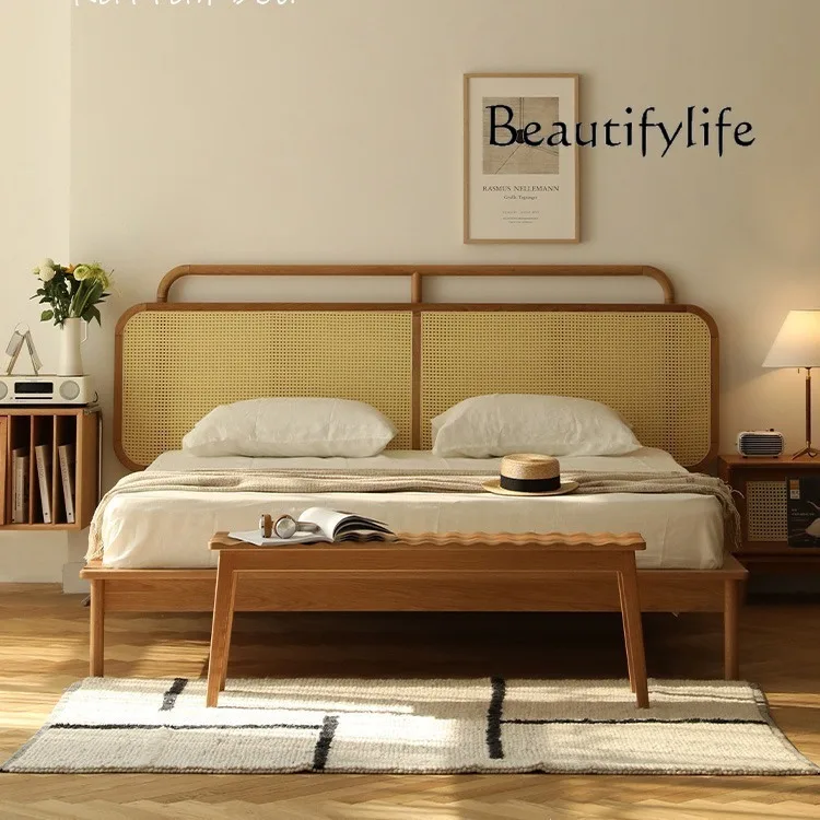 Nordic style solid wood bed Japanese modern light luxury rattan bed household 1.8 meters double bed bedroom furniture