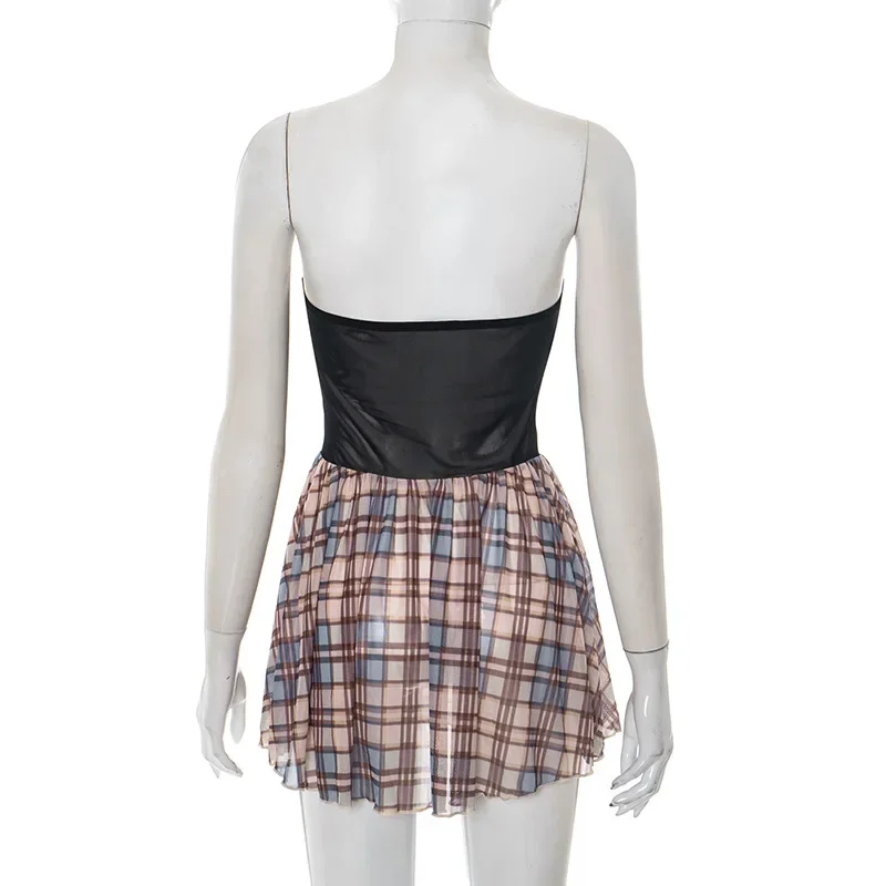 ผู้หญิงเซ็กซี่Hollow Out Strapless Sheerตาข่ายPatchworkลายสก๊อตชุดมินิBacklessจีบปาร์ตี้Clubwear Y2K Casual Streetwear