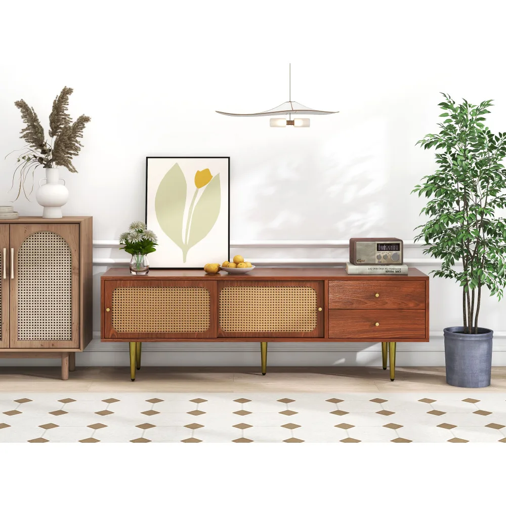 Moderner TV-Ständer mit Rattan-Schiebetüren, praktischer Stauraum, dunkles Rattan-Design aus Walnussholz – Detail 18