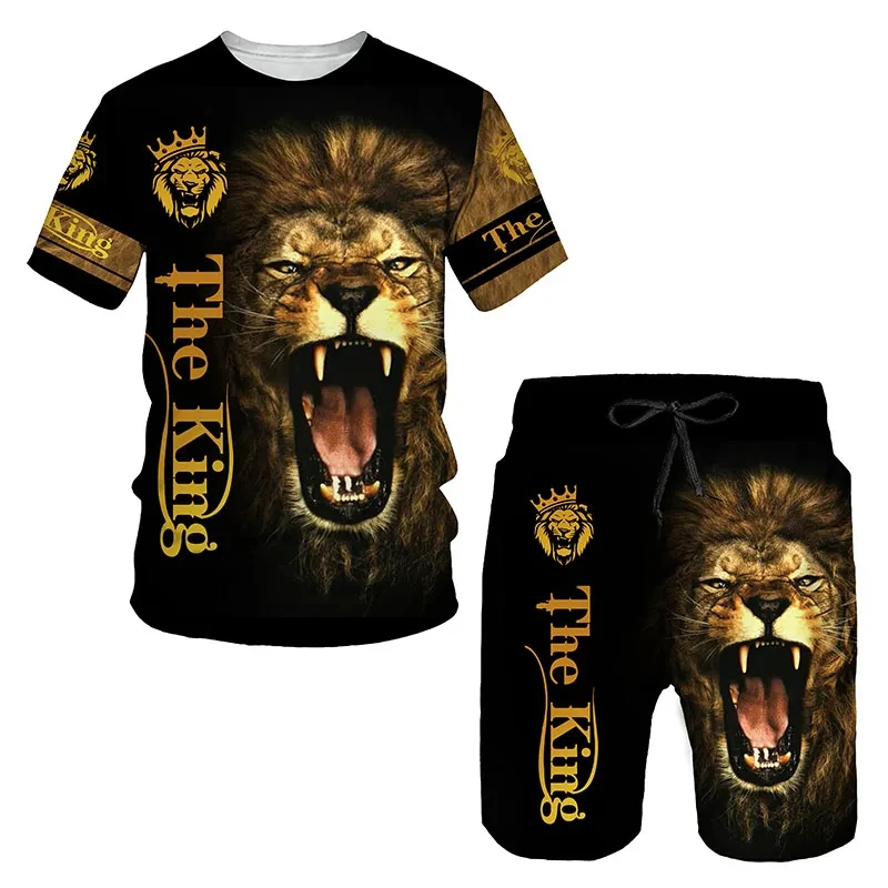 Fierce Lion Zomersportkledingset 3D-geprint Heren Casual Comfortabel T-shirt Shorts Straat Tweedelige set