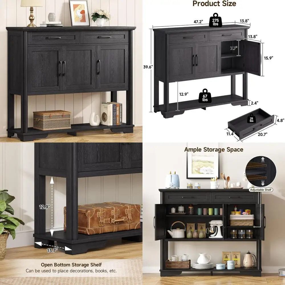 Farmhouse Style Console Table with Storage: 47.2 Tall Entryway Furniture featuring 2 Drawers, 3 Doors, and Adjustable Shelf