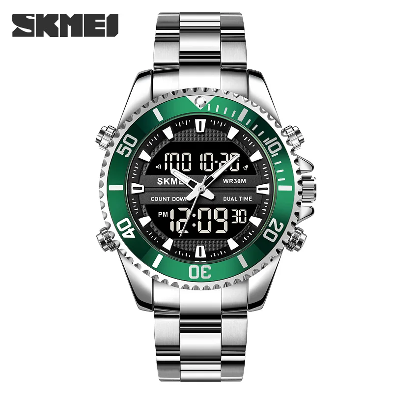 SKMEI 1850 นาฬิกาปลุกผู้ชายนาฬิกากันน้ําสแตนเลสRelogio Masculino Dual DisplayนาฬิกาMensแฟชั่นนาฬิกาข้อมือดิจิตอล