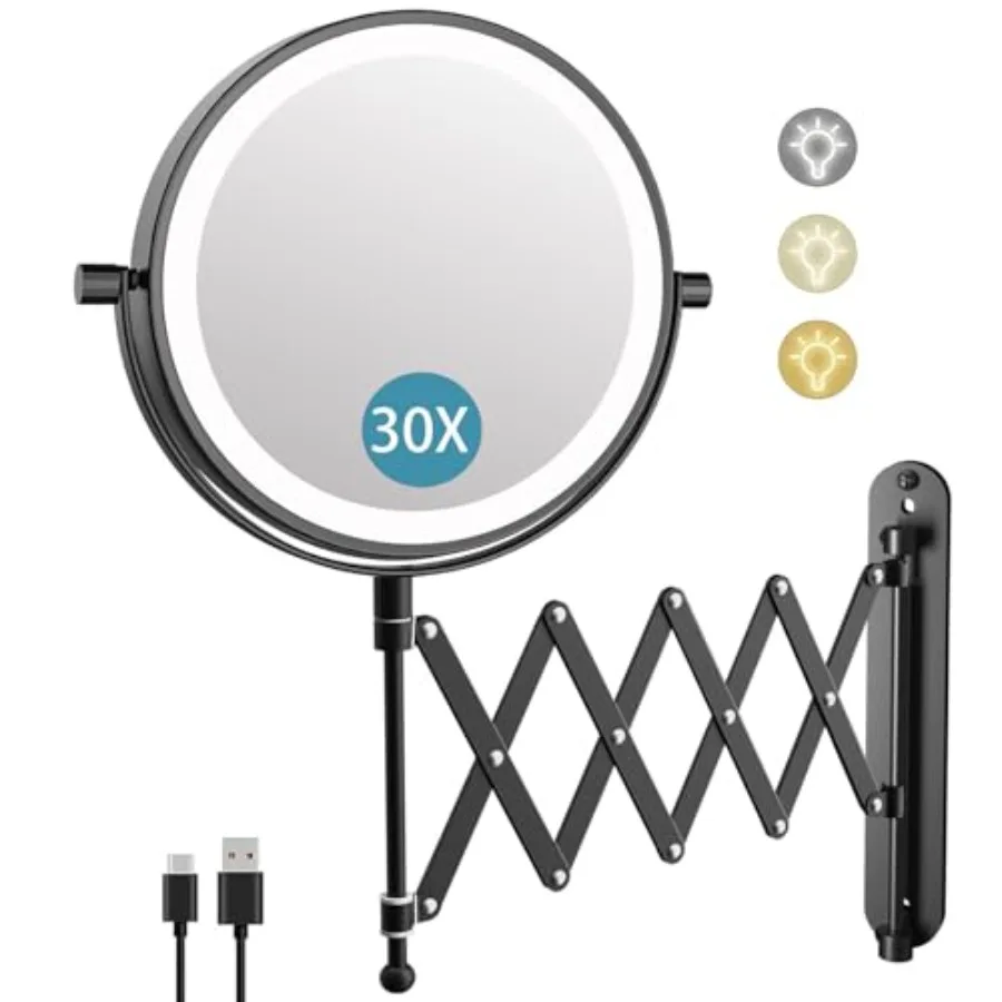 

5000mAh Rechargeable Wall Mounted Makeup Mirror for Bathroom and Bedroom - 8 Inch Double Sided 1X/30X Magnifying Mirror with 3
