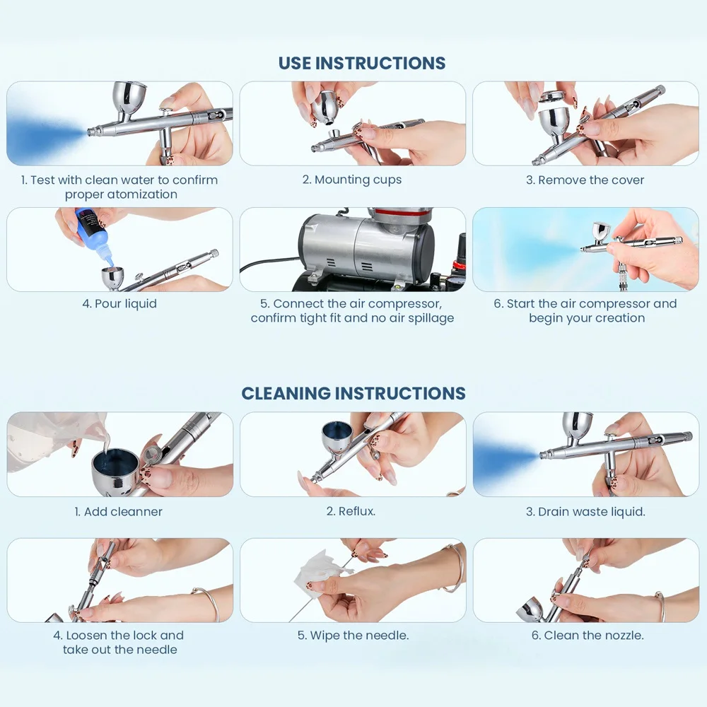 Accessoires d'aérographe de peinture à double action, Tube d'air de 180cm, Kit de buses 0.2/0.3/0.5mm, pistolet de pulvérisation d'aérographe avec pour la peinture des ongles