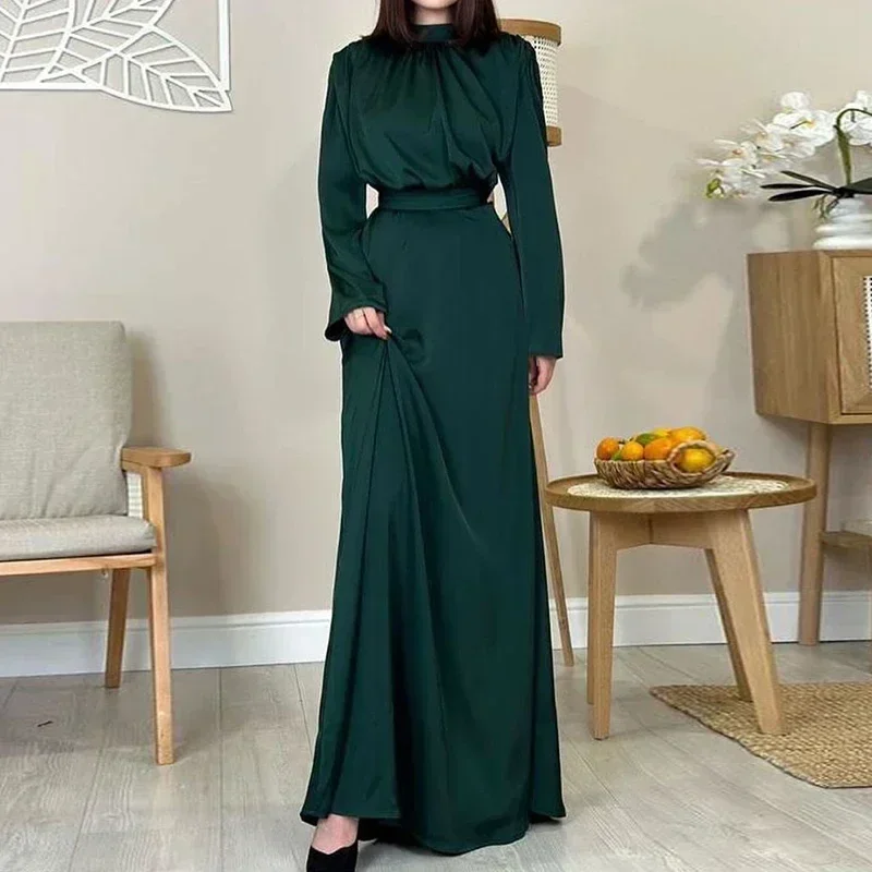 2024 Spring Vintage Half High Collar Commuter Dress Fashion High Waist Party Dresses for Women New Satin Temperament Long Dress