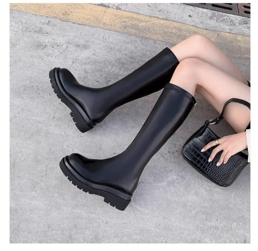 Herbst/Winter Neue Stiefeletten Damen Koreanischer Stil Leder Rundzehenstiefel Halbhohe Stiefel mit Dickem Absatz Hohe Kavallerie-Stiefel – Detail 7