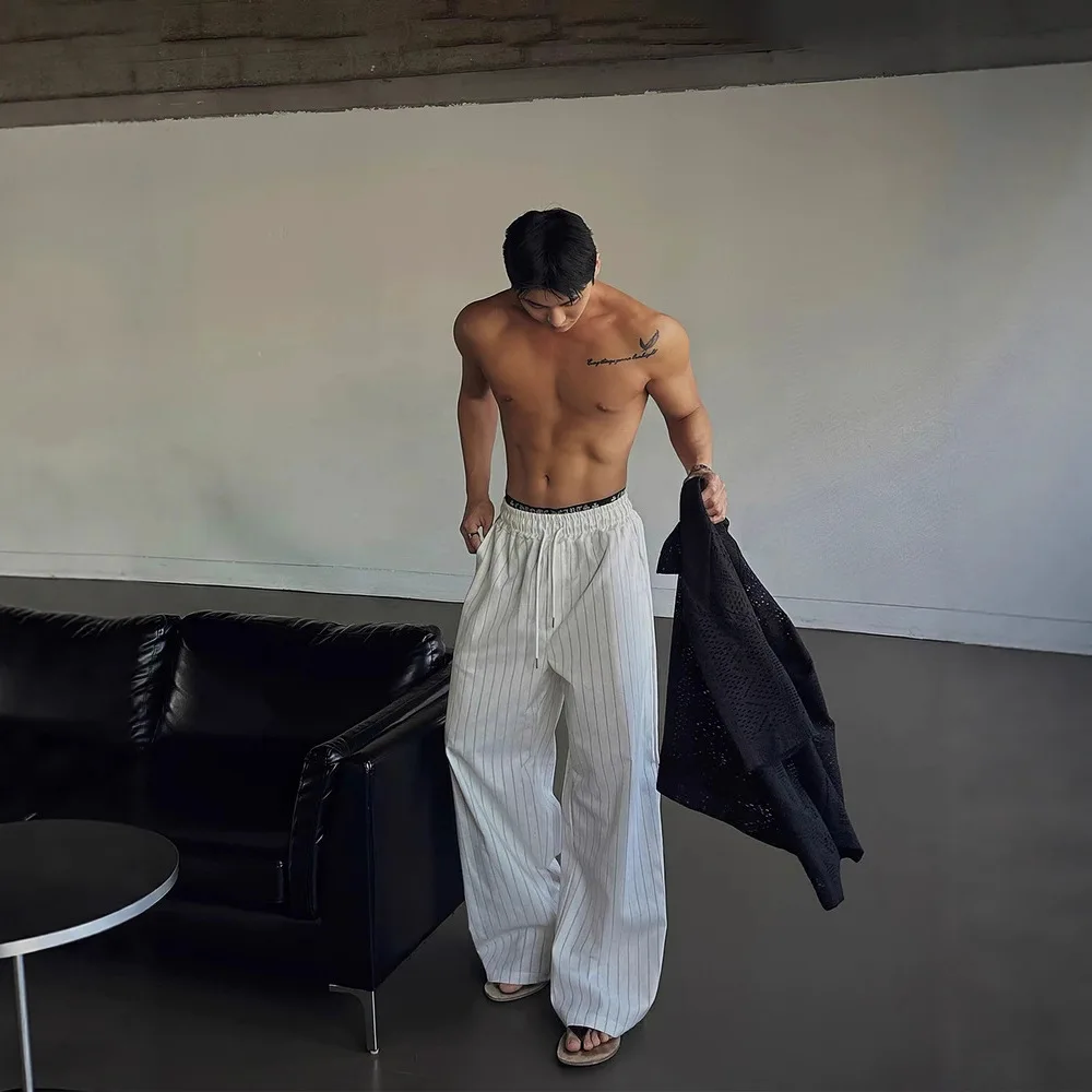 

Korean Dongdaemun Lightweight Linen Pants Men Stripe Loose Drawstring American Dad Jogger Curved Hem