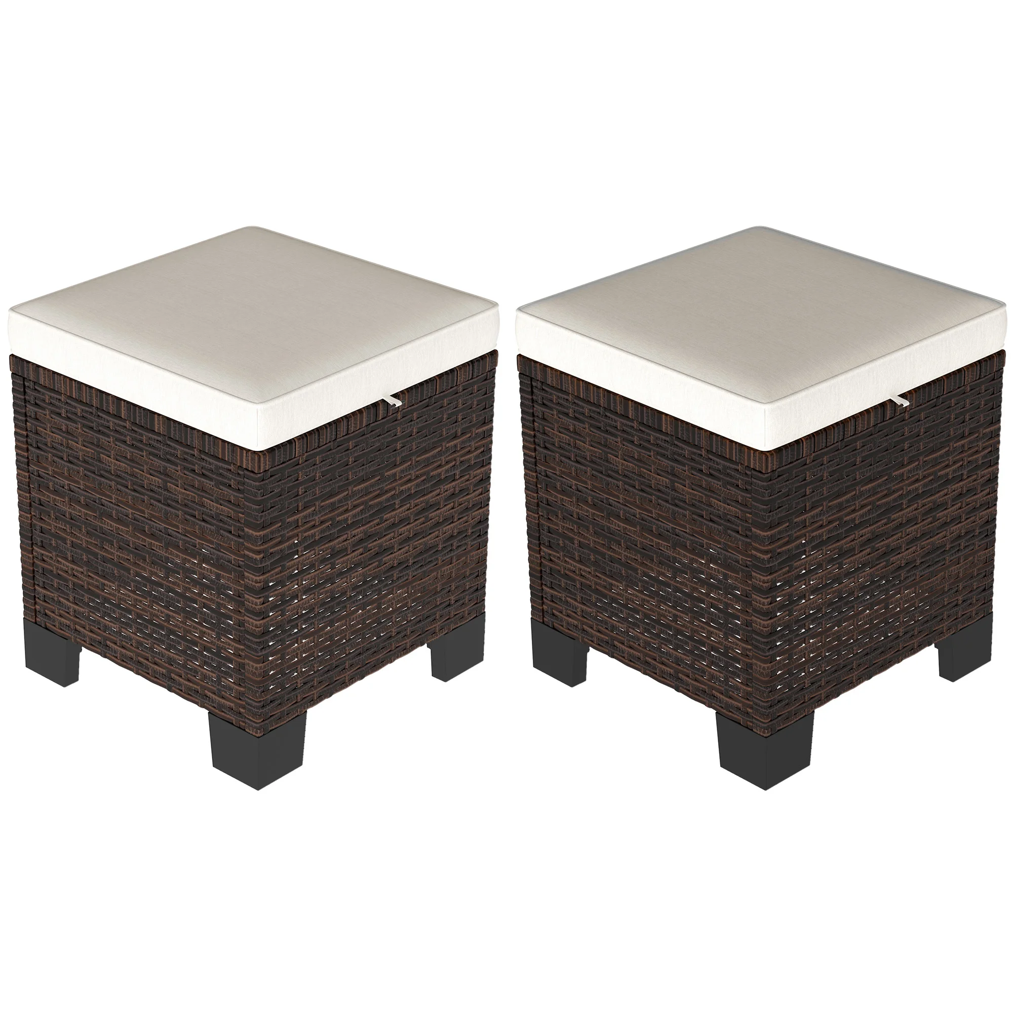 Wicker Outdoor Ottoman Footstool Set of 2 with Cushions, Beige