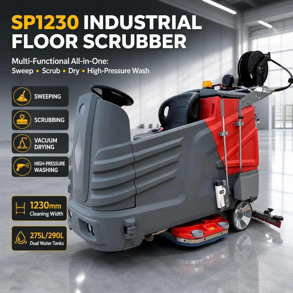 SP1230 1800W Ride On Floor Cleaning Machine 1230mm Dual Disc Sweeper Scrubber 48V 153Ah Electric Floor Cleaner for Warehouse