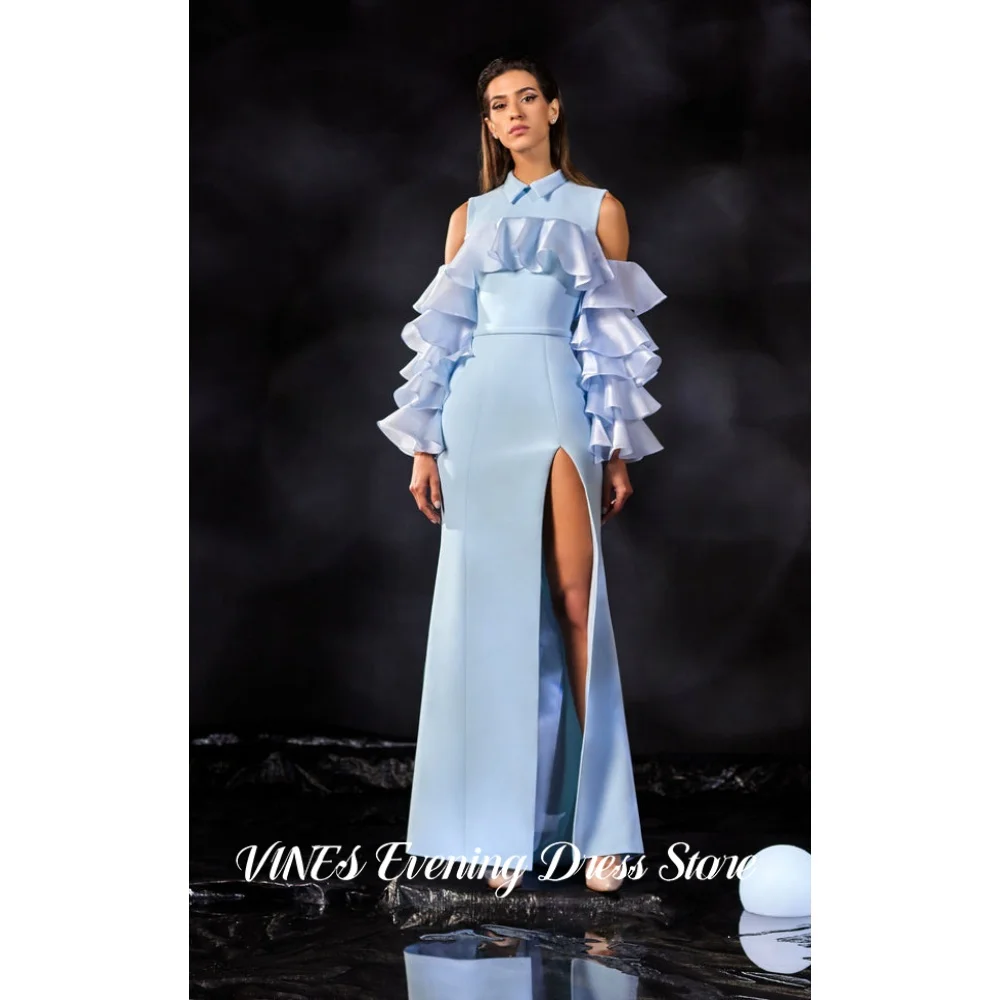 

VINES Sky Blue Prom Dress Collared Neck Evening Dress with Layered Ruffle Cold Shoulder Sleeves High Slit Party Dress Customized