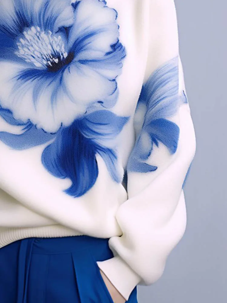 Casual Round Neck White Seahorse Hair Print Blue Flower Sweater 2024 Autumn New Fashionable Women'S Clothing