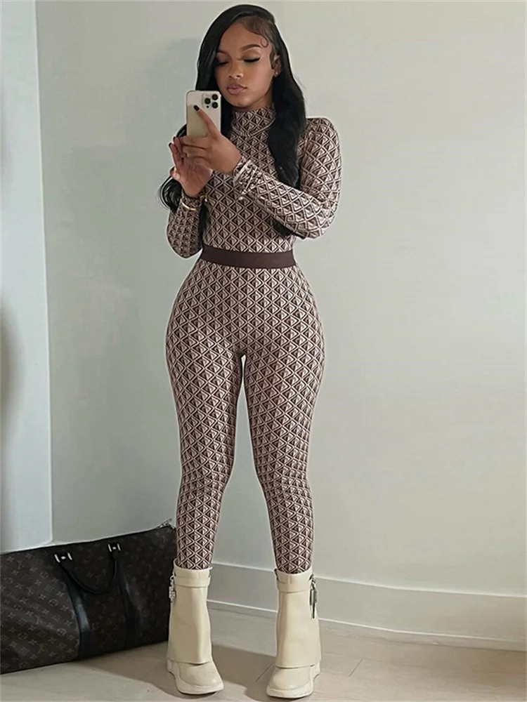 Weird Puss Contrast Fashion Print Jumpsuit Women Turtleneck Skinny Full Sleeve Classic Workout Peach Buttocks Hipster Overalls