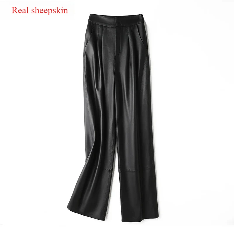 Chic Female Leather Floor Pants Women Straight Pipeline Suit Taller Trousers 110cm Long Legs Slim Folded Pantalones  Harajuku