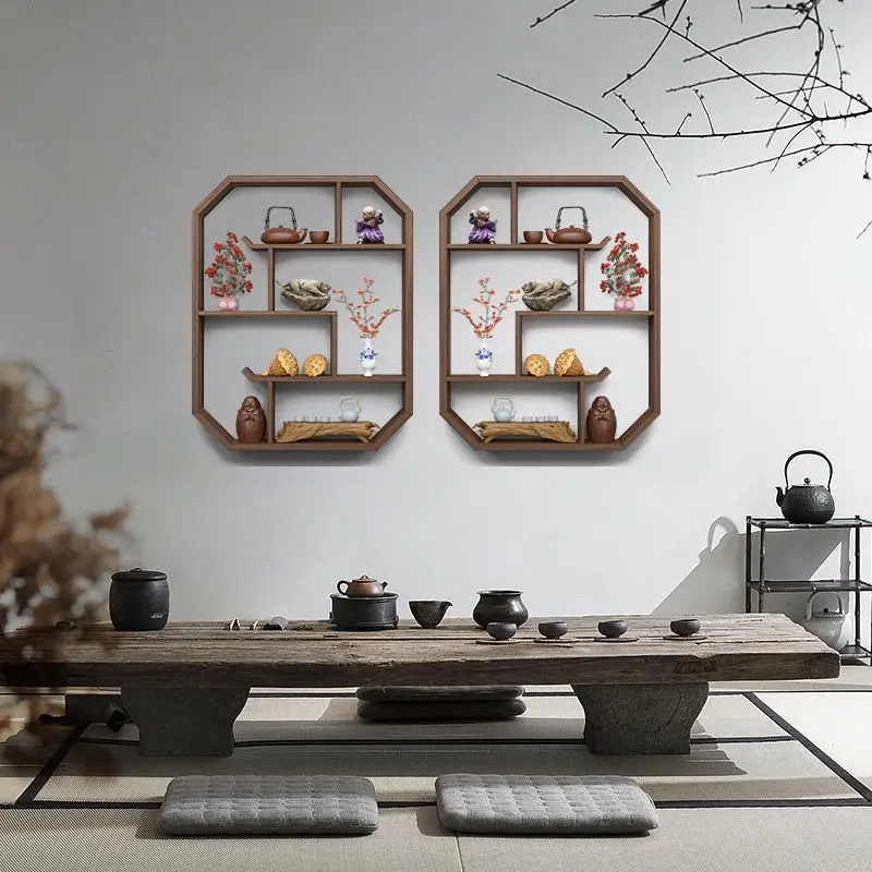 Antique frame solid wood Chinese simple living room wall hanging shelf shelf shelves wall display shelf flower shelf Zen