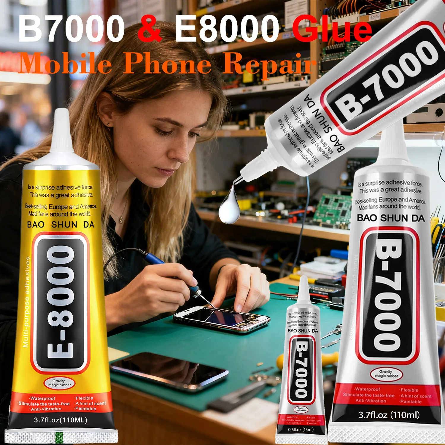 Kleber B7000/E8000 (15/110 g) für Mobiltelefone, Schmuck, Metall, Kunststoff, Spielzeug und Schuhe – wasserfest und transparent – Detail 1