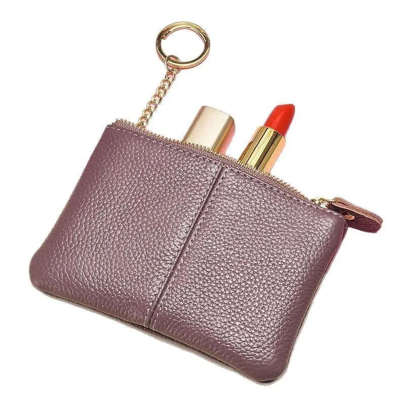 Textured women's mini, cute cowhide, short zipper, small wallet, simple key, coin holder, ultra-thin card holder