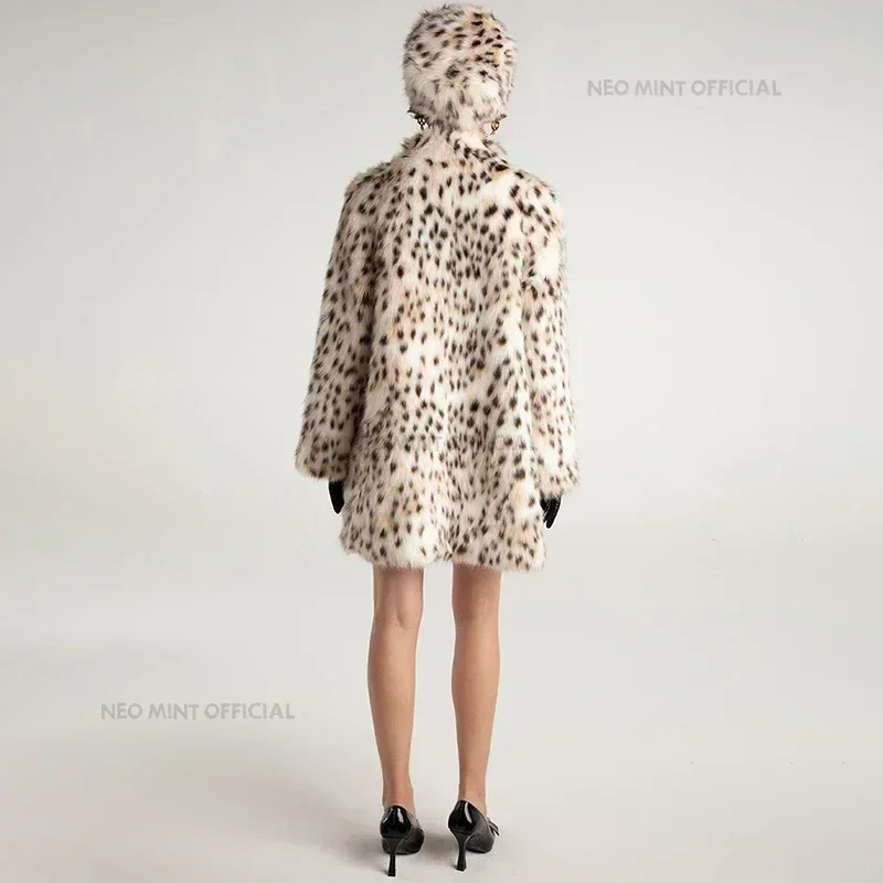 Neo Mint 2024 Winter Brown Leopard Fluffy Faux Fur Coat Women Luxury Stand Fur Collar Fox Fur Outerwear Jacket Female Overcoats