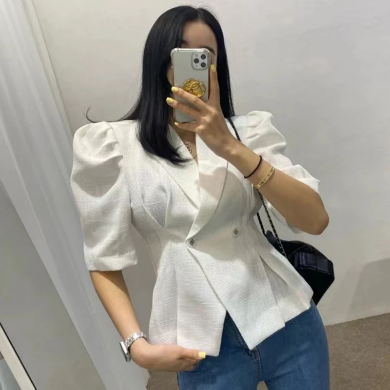 سترة صيفية أنيقة بأكمام قصيرة بتصميم يبرز الخصر، مزدوجة الصدر، مصنوعة من مزيج الصوف، أزياء نسائية عصرية للعمل