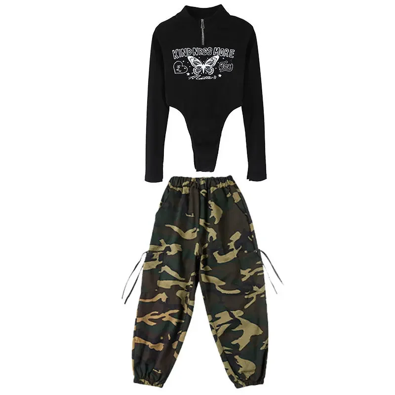 Girls Street Dance Clothing Fashion Black Tops Camouflage Pants Kids Jazz Dance Costume Children Hip Hop Kpop Stage Outfit