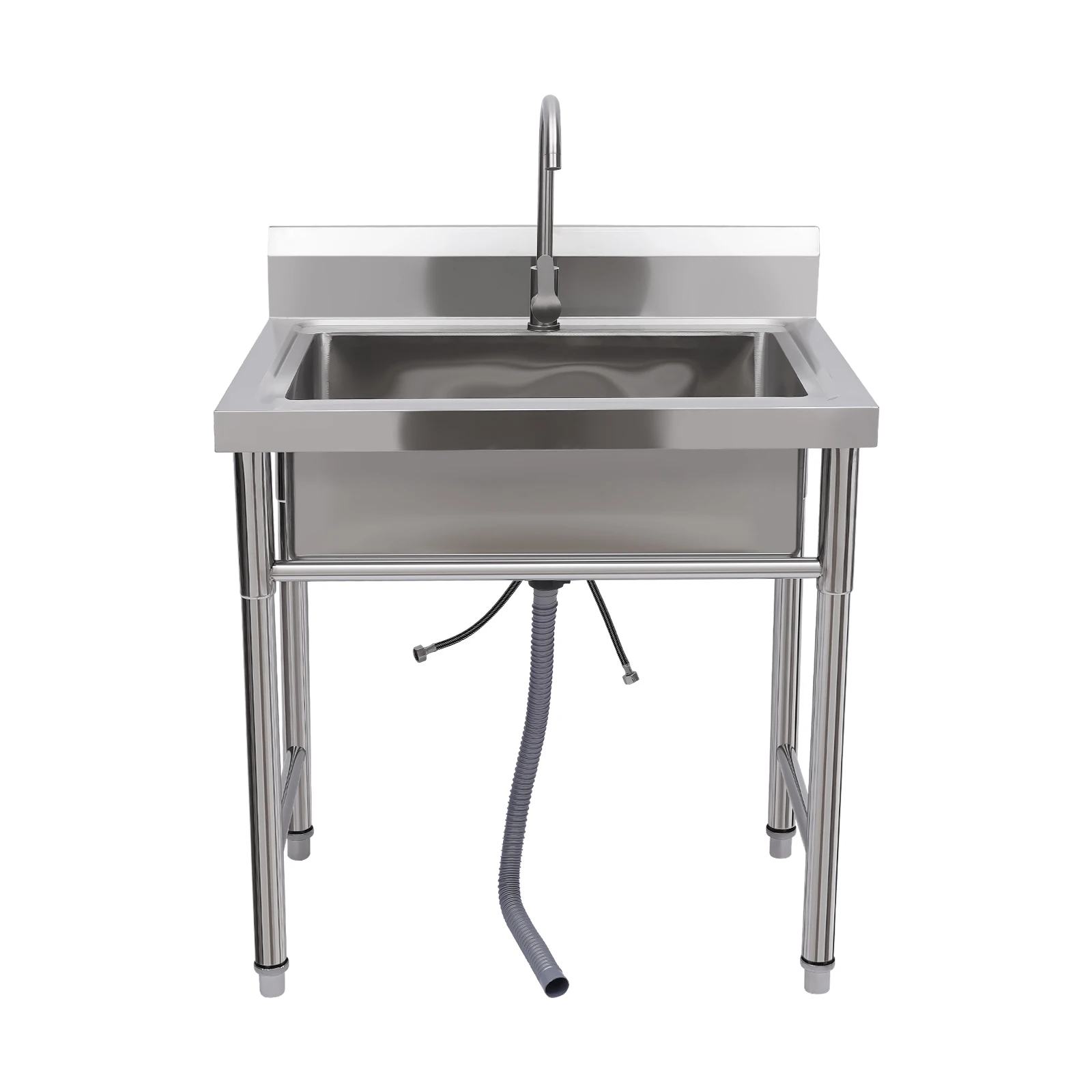 

Stainless Steel Commercial Sink w/ 360° Rotatable Hot & Cold Faucet Single Compartment Kitchen Sink Station w/ Backsplash Deep