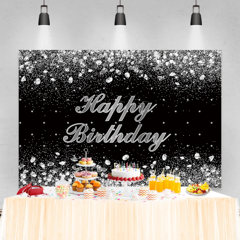 Laeacco Schwarz Gold Glitters Glücklich Geburtstag Party Fotografie Hintergrund Name Angepasst Portrait Vinyl Hintergrund Für Foto Studio