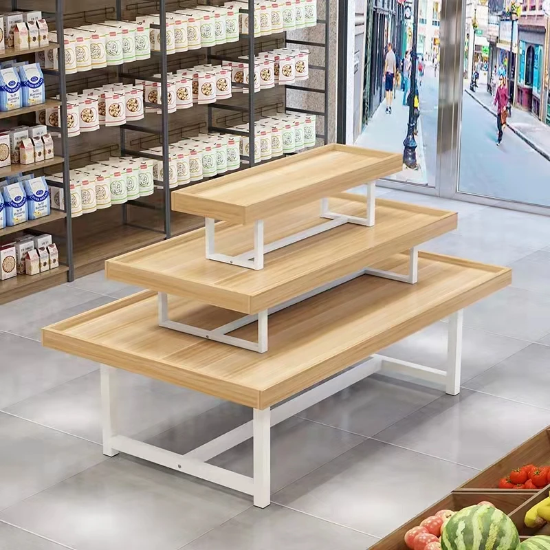 Custom, Metal Frame Wooden Table Wooden Display Shelf Retail Shop Display Stand Store Rack