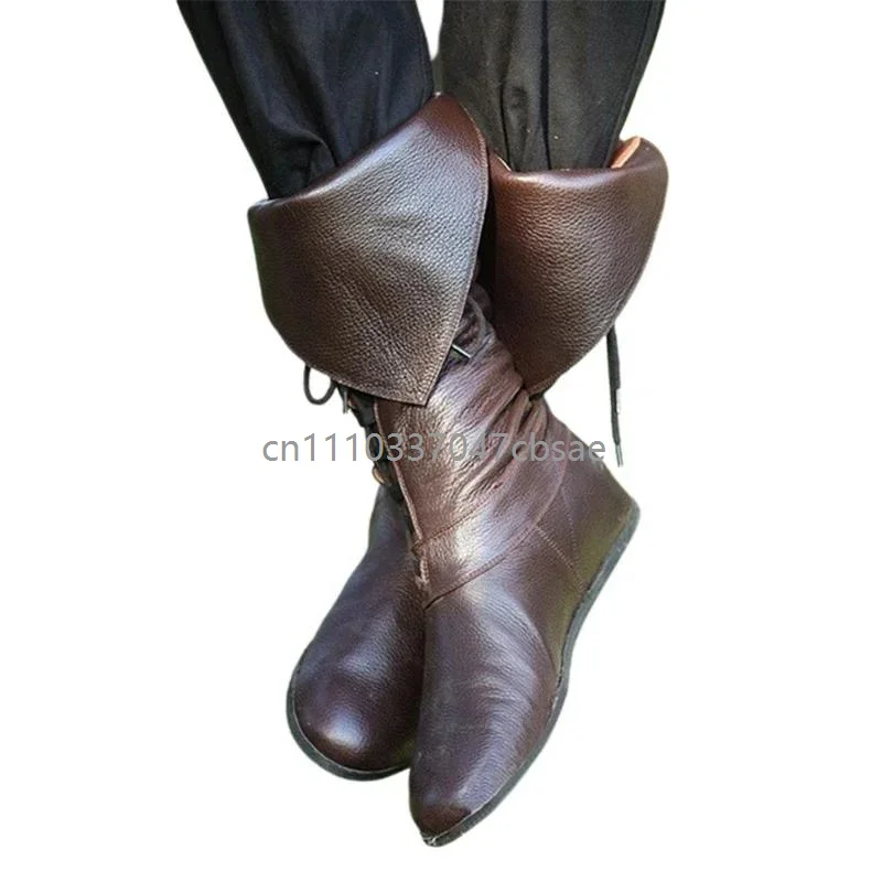 Vintage Medieval Knight Pirate Boots Unisex Lace Up Mid Shoes For Renaissance Gothic Steampunk Cosplay Halloween Party Costume