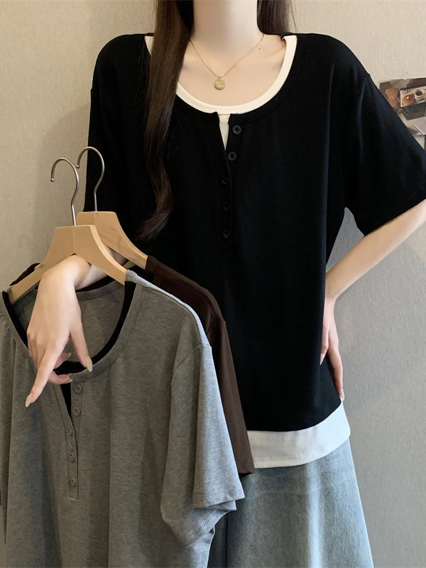 

plus Size Women's Short Sleeve T-Shirt Korean Style Button Design Color Block Casual Comfortable Cotton Summer Top