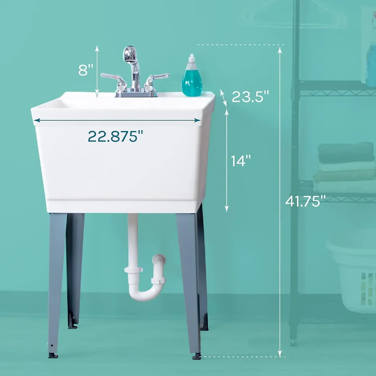 White Utility Sink Laundry Tub With Pull Out Chrome Faucet, Sprayer Spout, Heavy Duty Slop Sinks For Washing Room, Basement
