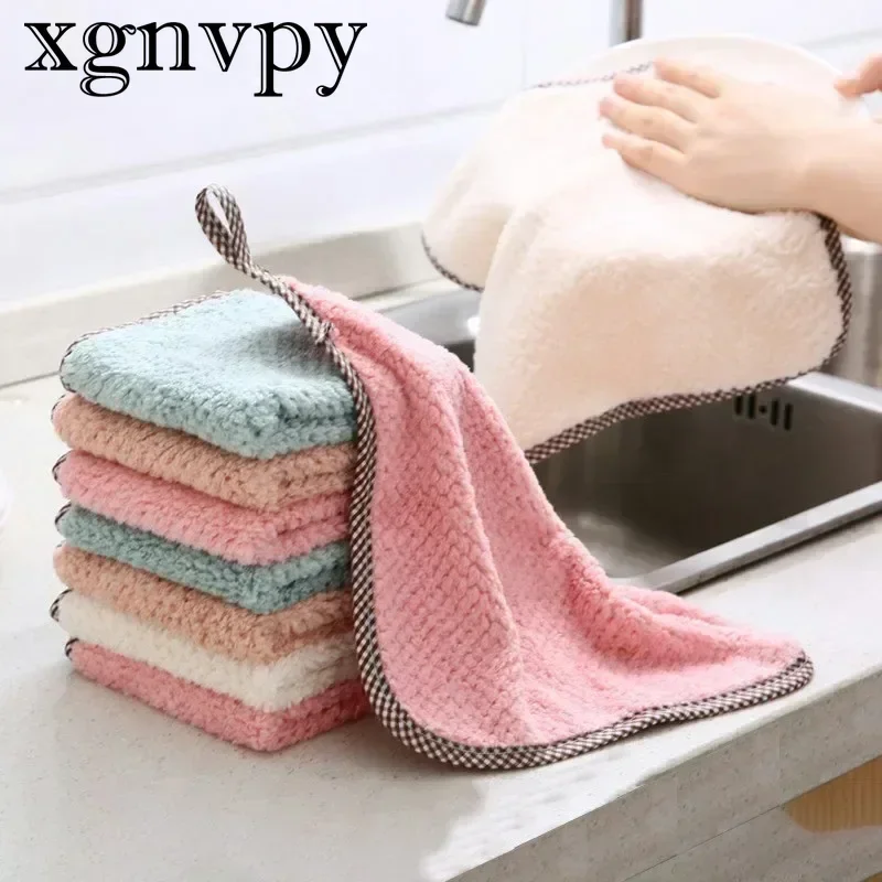 xgnvpy Enlarged Thickened Hand Towels Kitchen Household Hanging Coral Velvet Towels Double-sided Dishcloth Absorbent Cloth