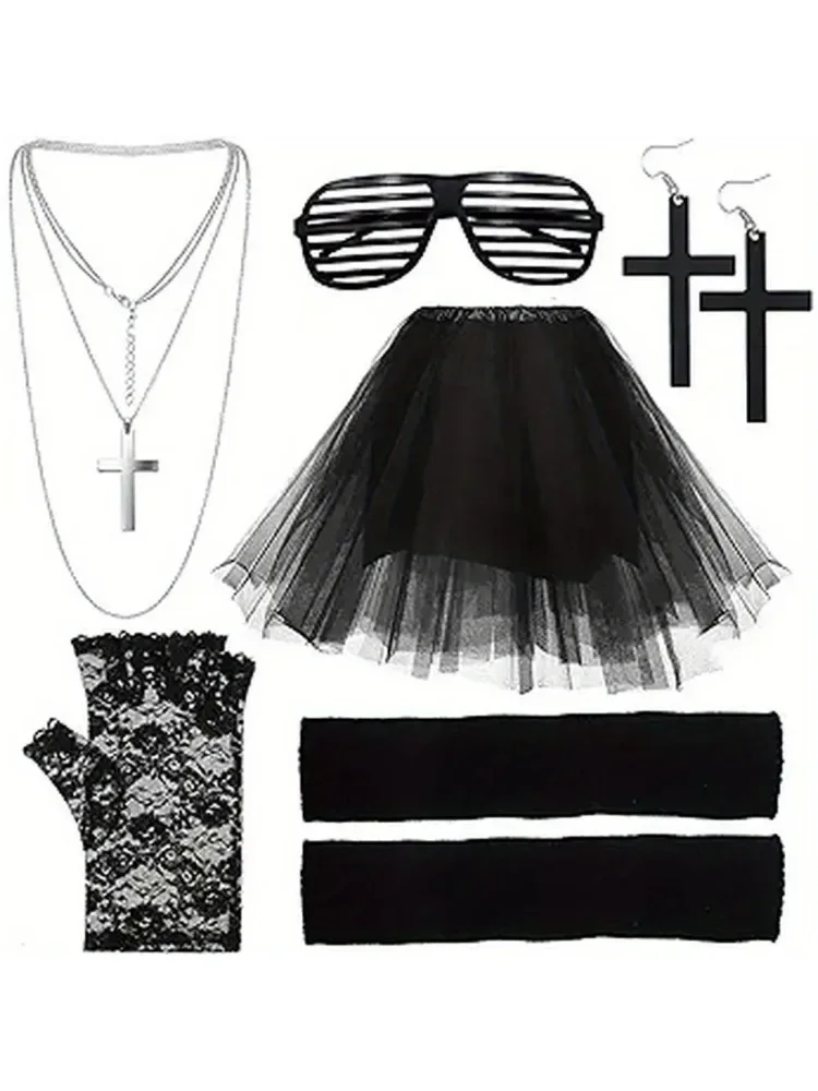 

80s women's clothing accessories set includes a pompadour skirt striped glasses lace gloves leg sets earrings and necklaces