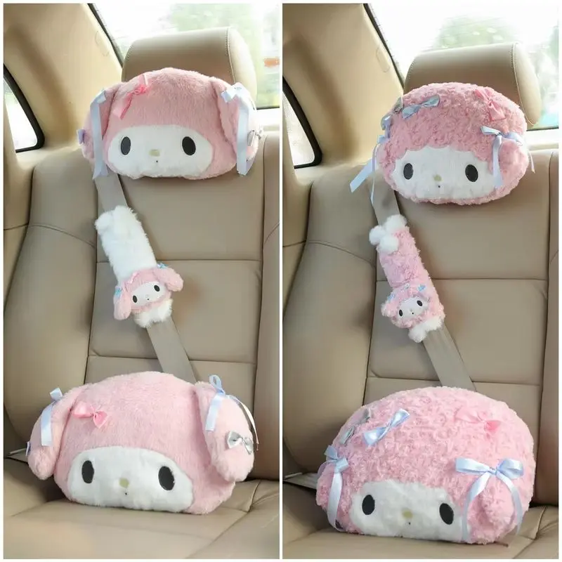 Sanrio My Melody Cute Car Seat Headrest Seat Belt Cover Kawaii Soft Comfortable Back Cushion Pillow Blanket Xmas Gifts Girl