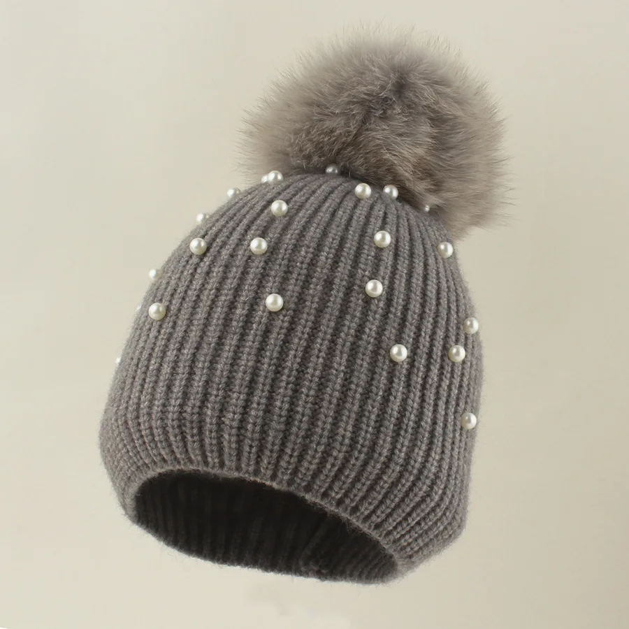 

Hat Pompom Women Winter Knit Beanie Pearls Autumn Warm Skiing Accessory For Sports Outdoors
