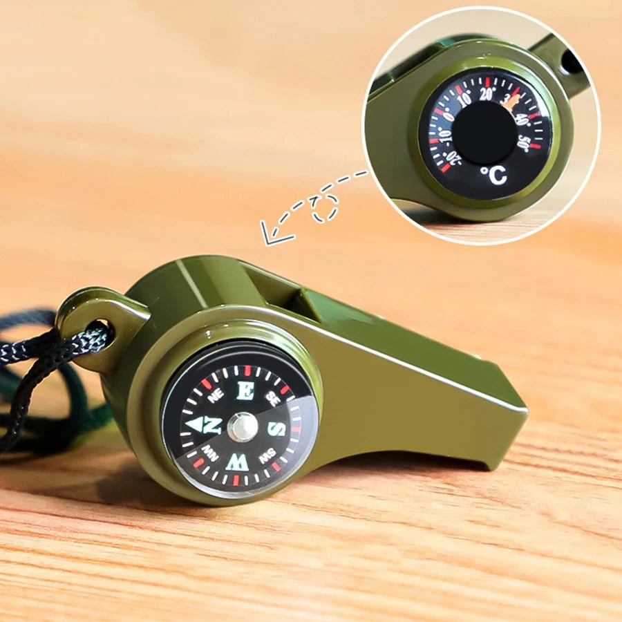 Emergency Rescue Whistle High Decibel with Compass Thermometer Keychain for Camping Hiking Outdoor