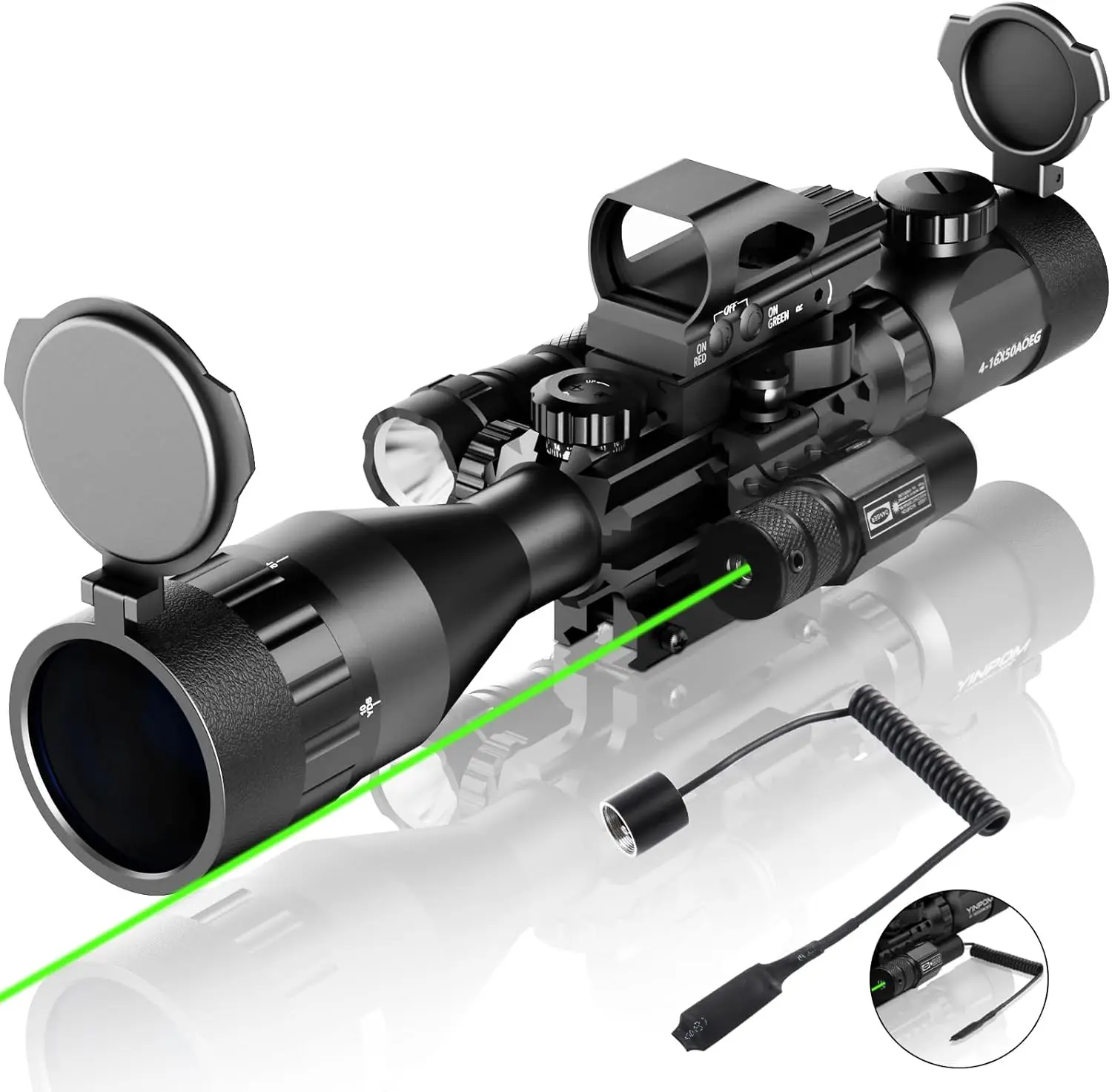 4-16x50AO Combo Red/Green Dual Illuminated with Green Laser 4 Holographic Reticle Red Dot 5Modes Flashlight for Rail Mount