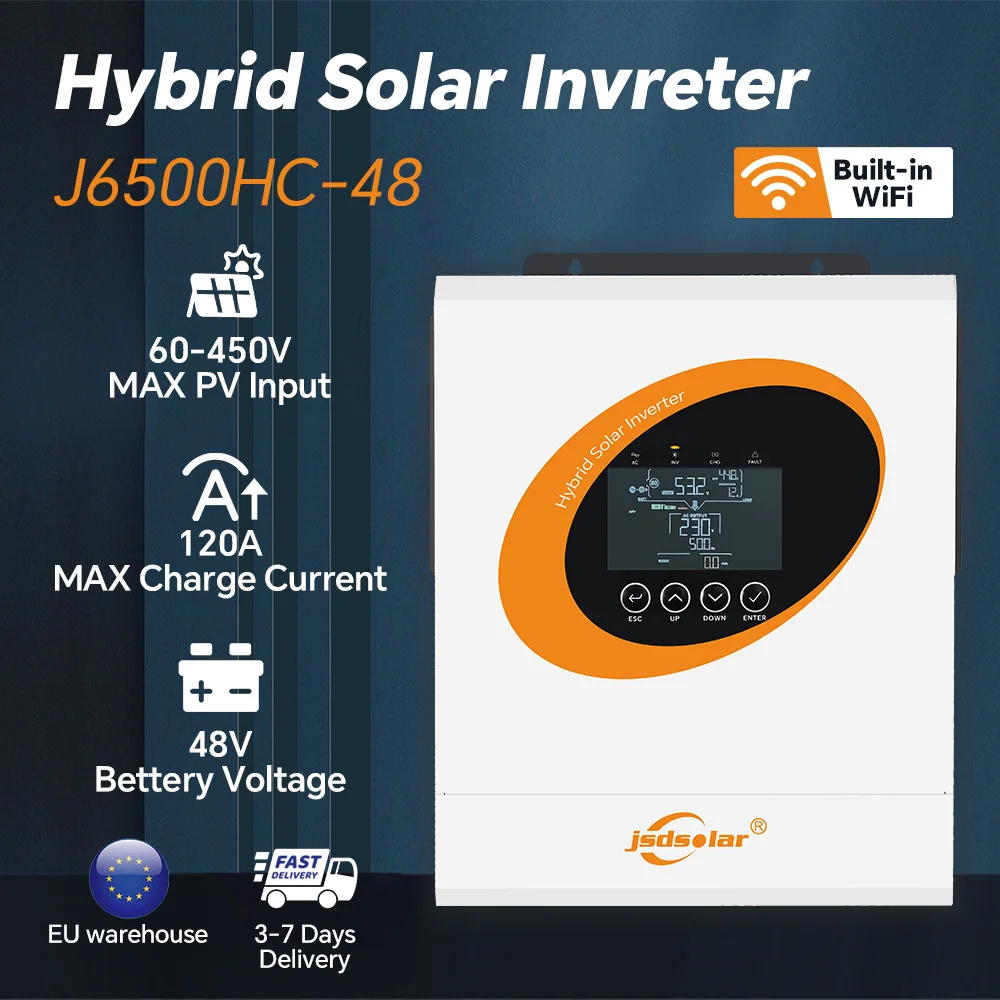 Jsdsolar 6,5KW Hybrid-Solarwechselrichter Off-Grid Reiner Sinuswellen-WLAN-Wechselrichter 48V 230V Ausgang mit MPPT 120A Solarladegerät