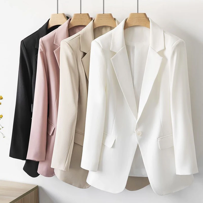 Classic Solid Color Single Button Blazer for Woman Spring Autumn Turn Down Collar Office Suit Jacket Women Slim Long Sleeve Coat