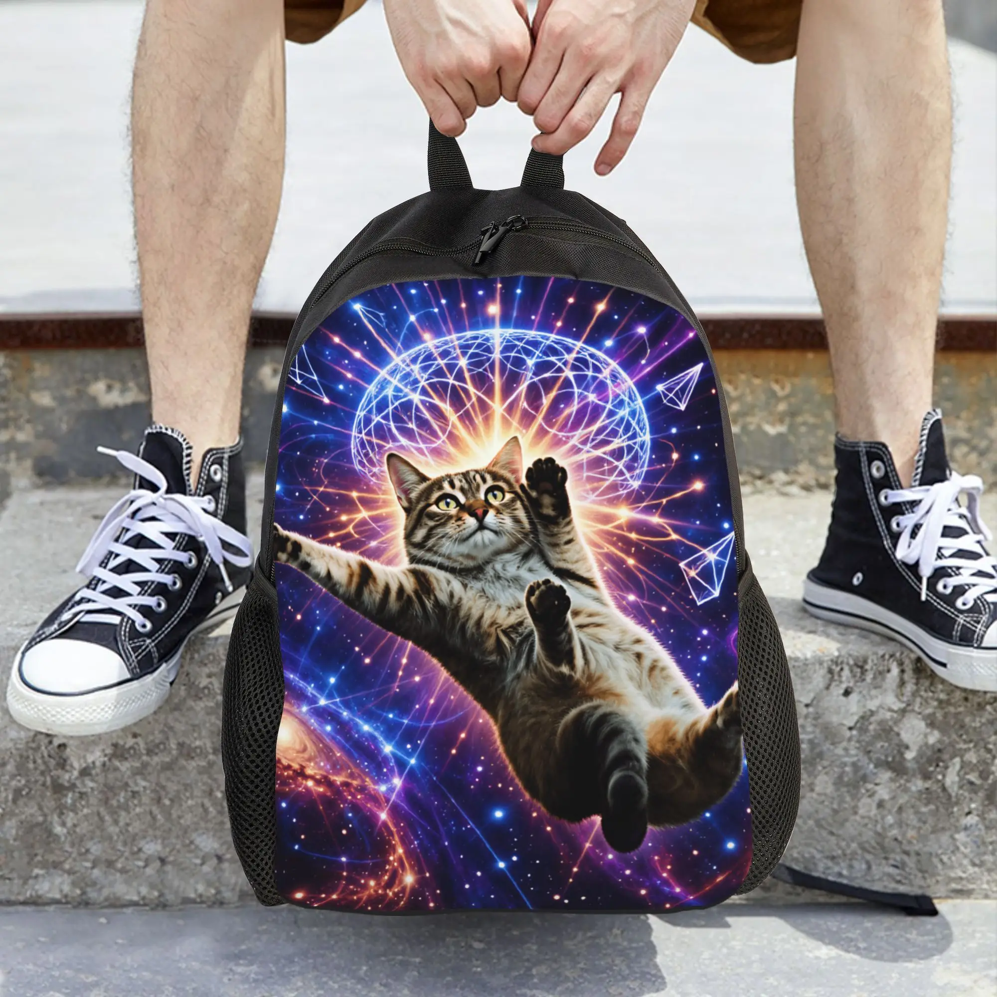 Tabby Cat Floating In Colorful Cosmic Galaxy With Glowing Geometric Sphere Backpack  Fashion Backpacks Youth Large School Bags