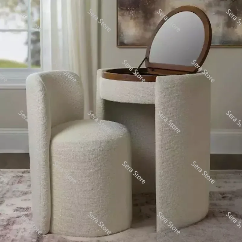 Ivory Dressing Table Set with Flip Round Mirror Padded Dressing Chair Modern Bedroom Makeup Vanity Table and Chair Furniture Set