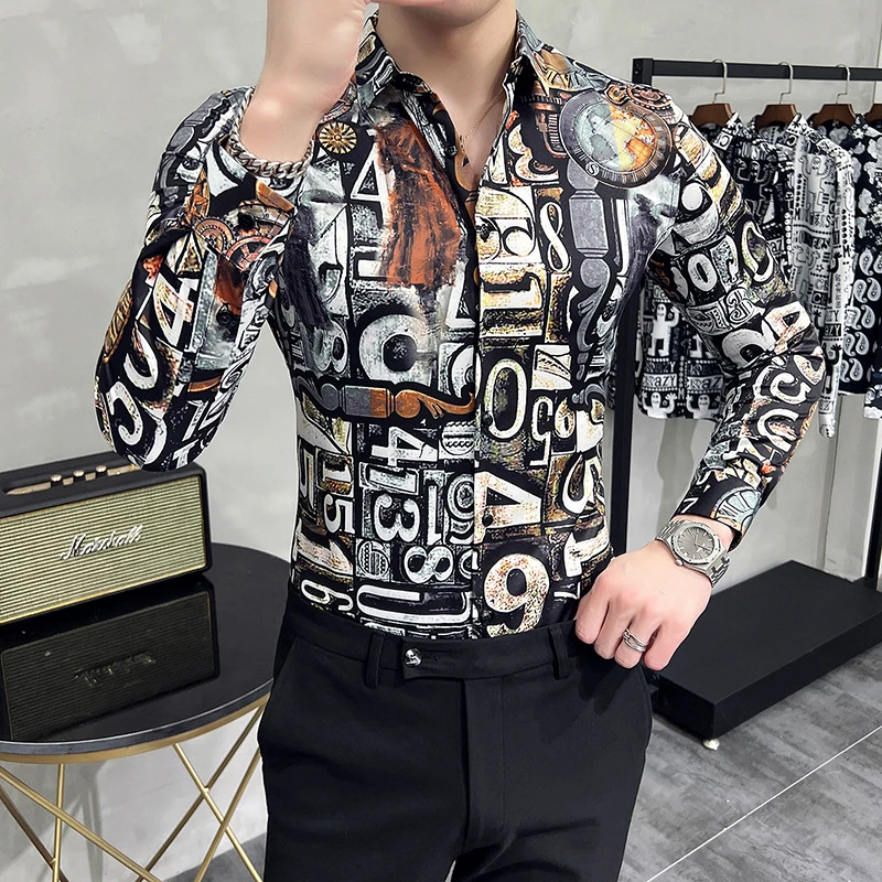 New Fashion Men Long Sleeve Vintage Number Print Shirts For Mens Social Luxury Man Designer Clothes Hawaiian Shirt Chemise Homme