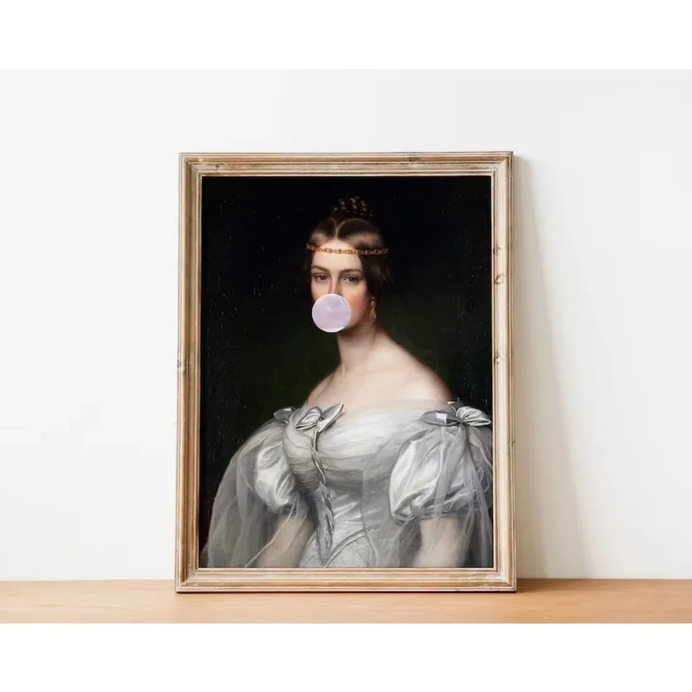 Surreal Victorian Woman Bubble Gum Reading Antique Portrait Poster Canvas Painting Wall Art Picture Modern Room Home Decor
