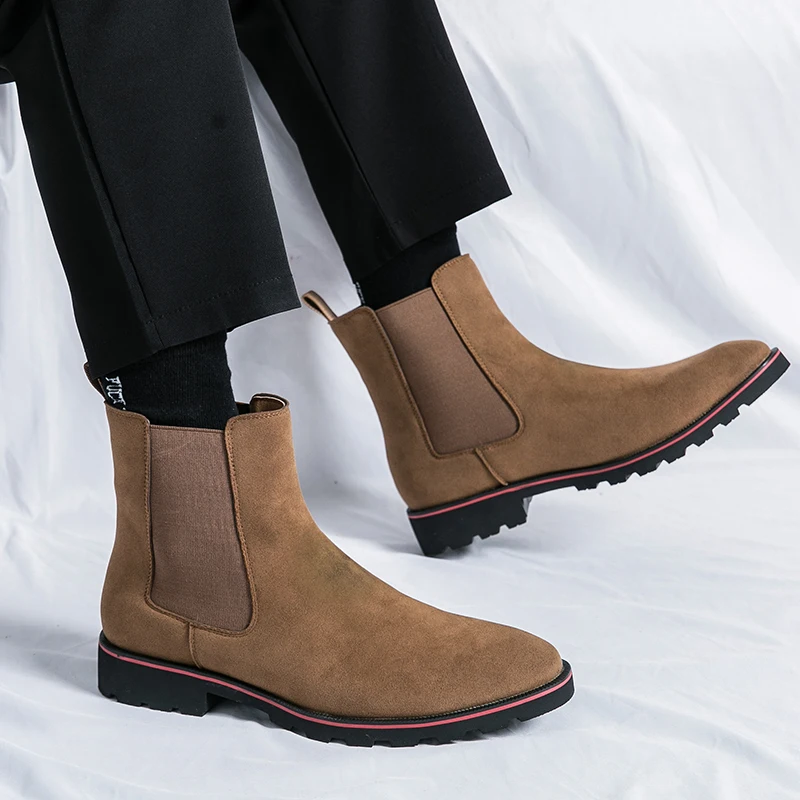 Spring Casual Shoes Mans New Fashionl Men Pointed Ankle Chelsea Boots Male Shoes Cow Suede Leather Slip on Motorcycle Man Boot